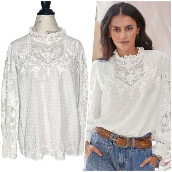 Sundance | Women | Ivory Prairie Farm Ruffled Lace Bib Collar Blouse | Sz Large - Picture 1 of 16